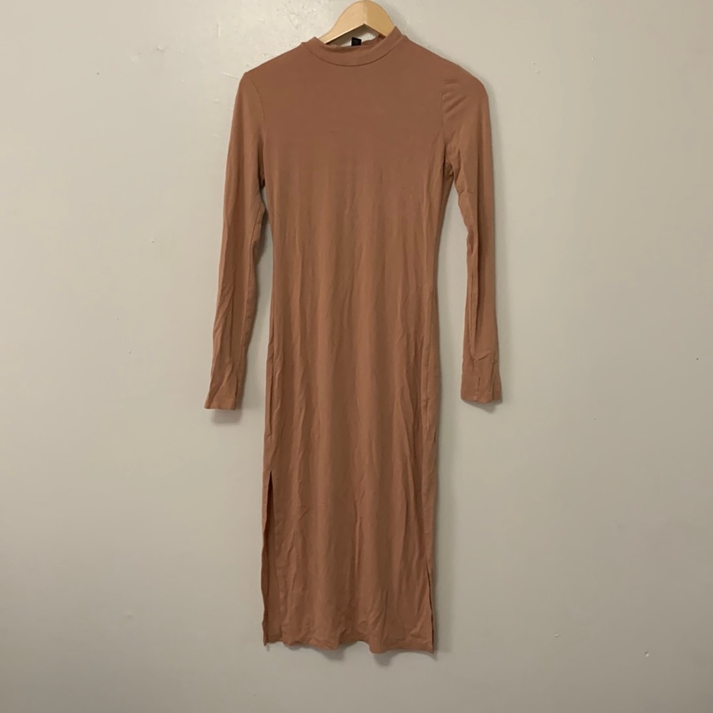 Long Sleeve, Mock Neck Fitted Midi Dress